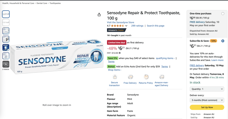 Amazon: Sensodyne Repair & Protect Toothpaste, 100 g – 48% Off, now $6.21
